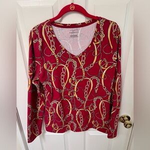 Talbots Red and Gold Chain Pattern Long Sleeve Top